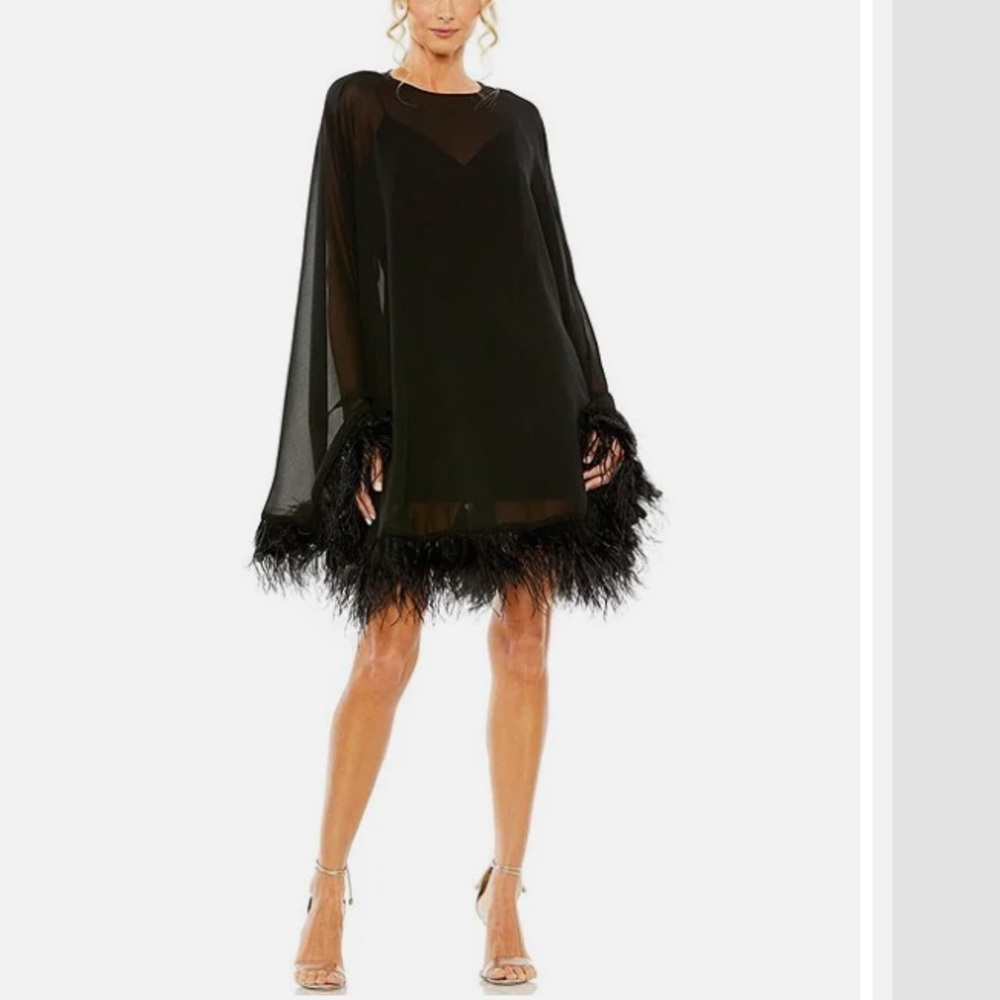 Mac Duggal Long Sleeve Feather Trim Trapeze Minidress Color Black Size 10
